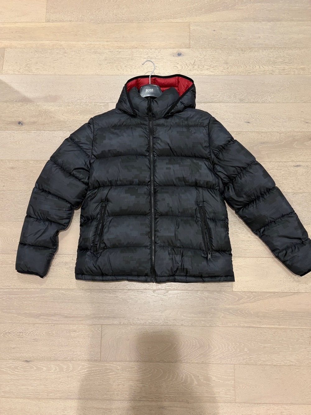 Moose Knuckles Black Puffer Jacket with Red Hood Lining